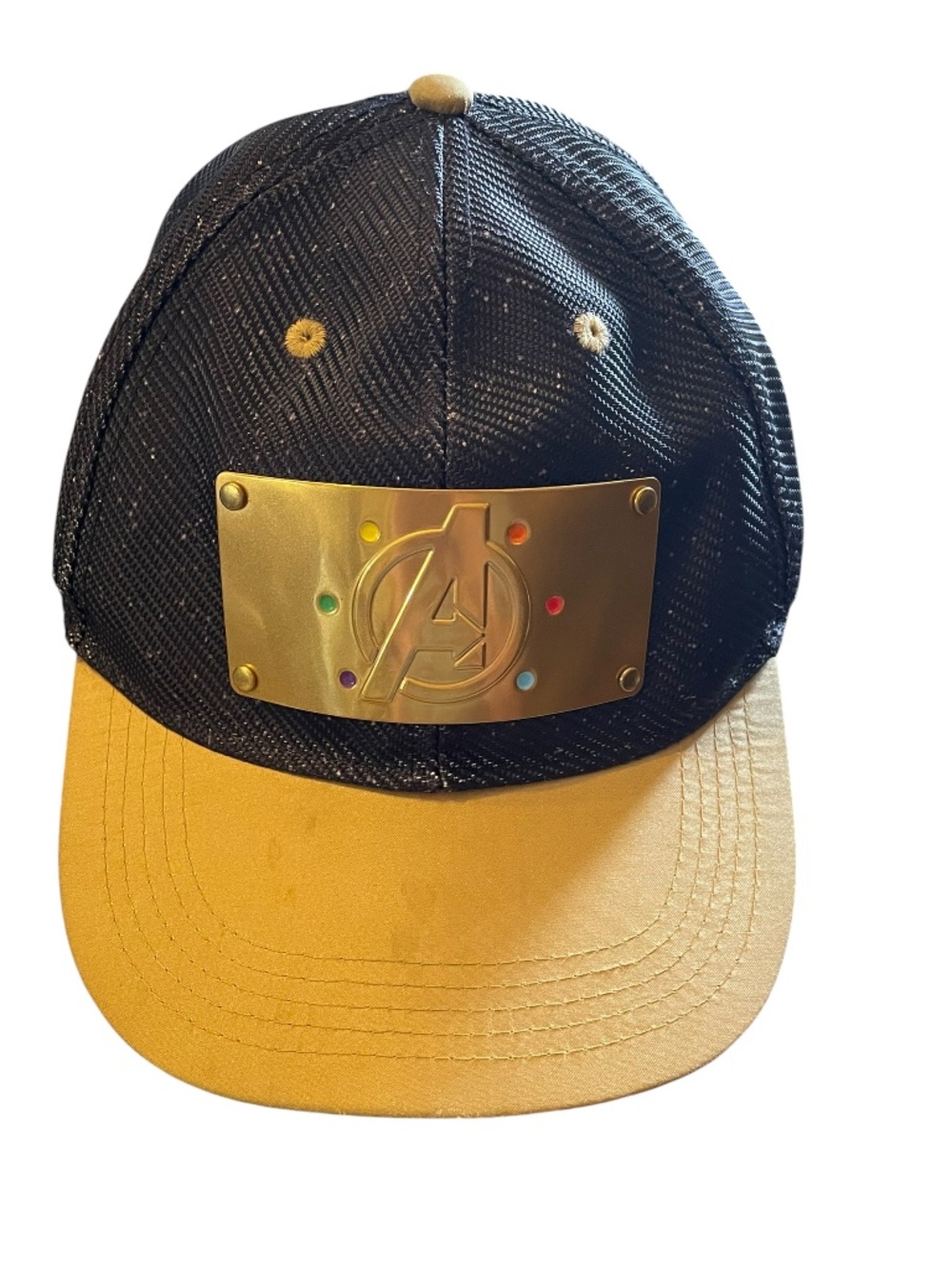 Disney Store Marvel Avengers Infinity War cap featuring a gold-toned metal plate